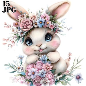 15 Floral Bunny Clipart mit Blumenkrone, Floral Kaninchen Clipart, Ostern Clipart, hochwertige JPGs, Junk Journal, digitaler Download, Basteln