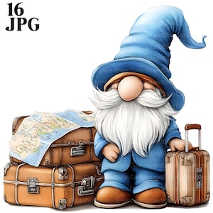 16 imágenes prediseñadas de gnomos viajeros, imágenes prediseñadas de viajes, imágenes prediseñadas de equipaje, archivos JPG de alta calidad, imágenes prediseñadas de acuarela, diario basura, descarga digital, manualidades de papel