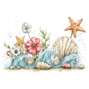 May include: A watercolour illustration of a beach scene featuring seashells, starfish, and flowers. The image includes a large scallop shell, two starfish, and several seashells. The waves are light blue, and the flowers are pink and white.