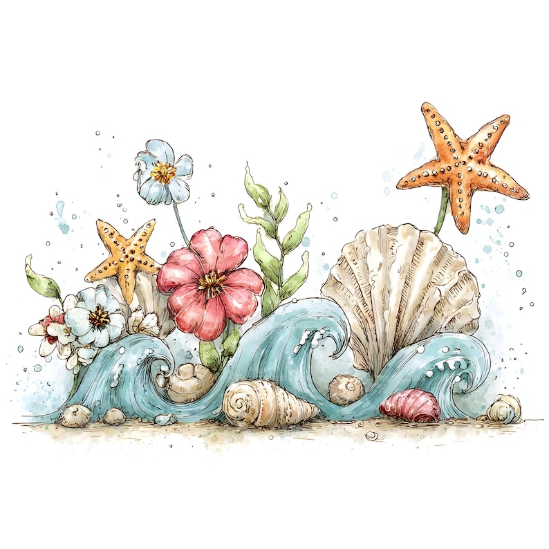 May include: A watercolour illustration of a beach scene featuring seashells, starfish, and flowers. The image includes a large scallop shell, two starfish, and several seashells. The waves are light blue, and the flowers are pink and white.