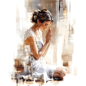 May include: A woman in a white dress with lace detailing is kneeling with her hands clasped in prayer. The background is a soft, blurred watercolor effect in shades of brown and white.