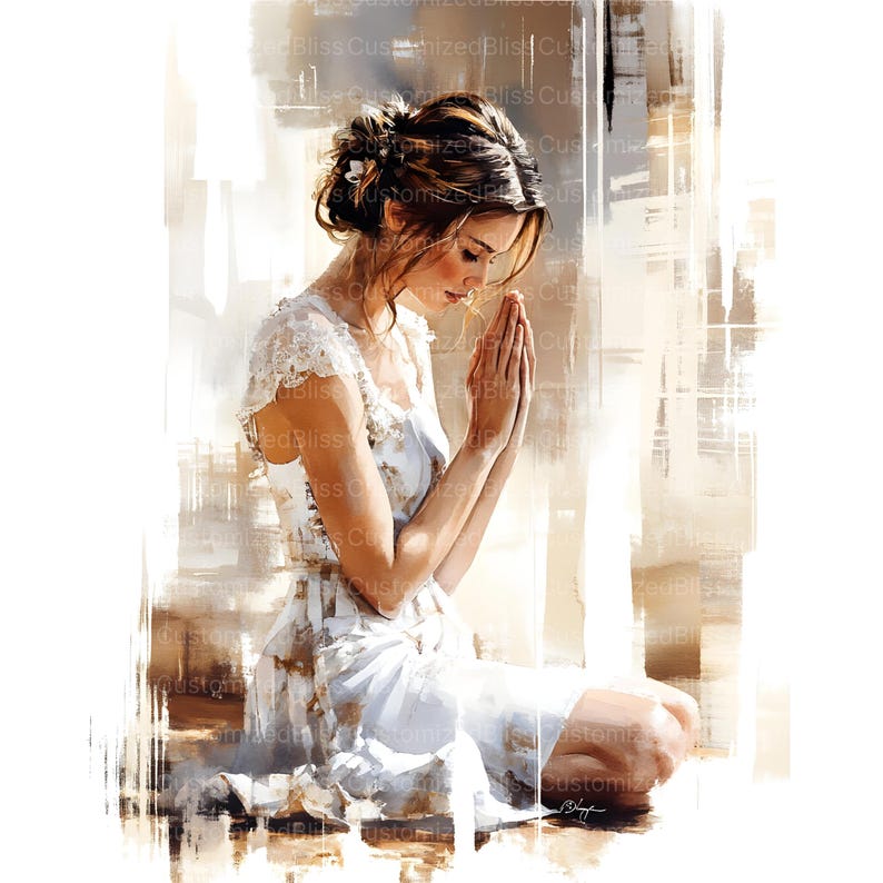 May include: A woman in a white dress with lace detailing is kneeling with her hands clasped in prayer. The background is a soft, blurred watercolor effect in shades of brown and white.