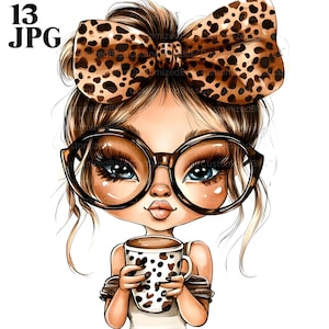 Clipart de niña, clipart de lazo de leopardo, clipart de guepardo, clipart de café, estampado animal, 13 archivos JPG de alta calidad, diario basura, descarga digital