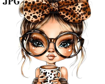 Girl Clipart, Leopard Bow Clipart, Cheetah Bow, Coffee Clipart, Animal Print, 13 High Quality JPGs, Junk Journal, Digital Download