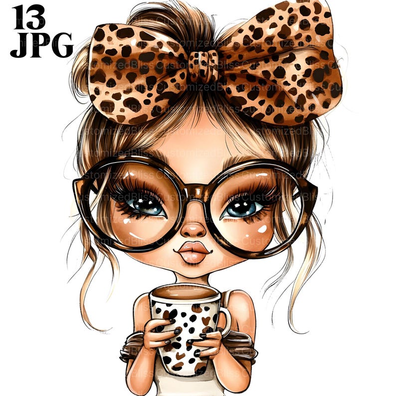 May include: A cartoon illustration of a girl with brown hair wearing large round glasses and a leopard print bow. She is holding a coffee mug with a leopard print design.