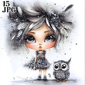 Moonlit Eulenbewahrer Clipart, 15 hochwertige JPGs, Eule Clipart, Aquarell Eule, schrulliges Mädchen Clipart, wunderliche Clipart, Mode Mädchen Clipart