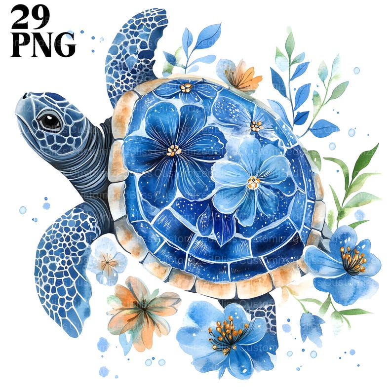 May include: A blue watercolor painting of a sea turtle with blue flowers on its shell. The turtle is surrounded by blue and green leaves.
