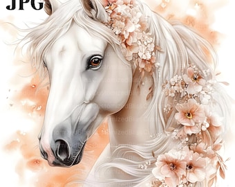 May include: A white horse with a flowing mane and tail, adorned with a crown of delicate peach and white flowers. The horse's head is turned to the side, and its eyes are closed. The background is a soft watercolor wash of peach and white.