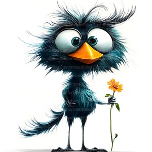 May include: A blue cartoon bird with large eyes and a bright orange beak holds a yellow flower with green stem. The bird has a fluffy blue body and a long tail.