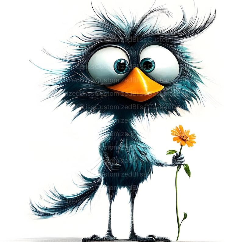 May include: A blue cartoon bird with large eyes and a bright orange beak holds a yellow flower with green stem. The bird has a fluffy blue body and a long tail.