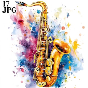 17 kleurrijke saxofoon clipartbundel, muziek clipart, muziekinstrument, hoge kwaliteit JPG, aquarel clipart, Junk Journal digitale download