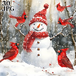 Schneemann mit Kardinal Clip Art Bundle, 30 hochwertige JPGs, Cottagecore, Junk Journal, Scrapbooking, Kartenherstellung, digitaler Download