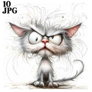 Zerzauste Katze Clip Art, 10 hochwertige JPG, schrullige Katze Clipart, Cartoon Katze, Junk Journal, Scrapbooking, Kartenherstellung, Digital Download Kit
