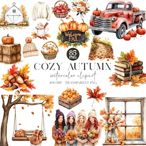 Automne douillet, lot de cliparts aquarelle automne, clipart automne douillet, automne Cottagecore, clipart citrouille, bouquet d'automne, paysage d'automne