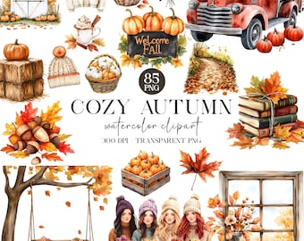 May include: A collection of watercolor autumn-themed clipart featuring a white barn, a red truck, pumpkins, baskets, a swing, books, fall foliage, and four people in knit hats. The text reads COZY AUTUMN watercolor clipart 85 PNG 300 DPI.