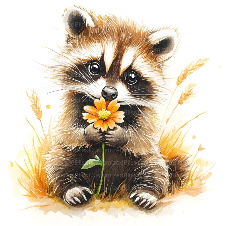 Puede incluir: Una pintura de acuarela de un lindo mapache sosteniendo una flor amarilla. El mapache est&aacute; sentado en un campo de hierba alta.