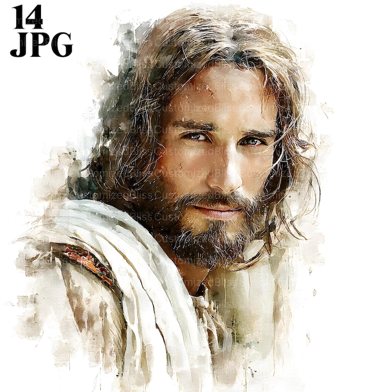 Op de afbeelding: Waterverfportret van een man met lang, lichtbruin haar en een baard, die de kijker recht aankijkt. Hij draagt een witte jurk. De afbeelding heeft een zachte, artistieke stijl met de tekst "14 JPG" in de linkerbovenhoek.