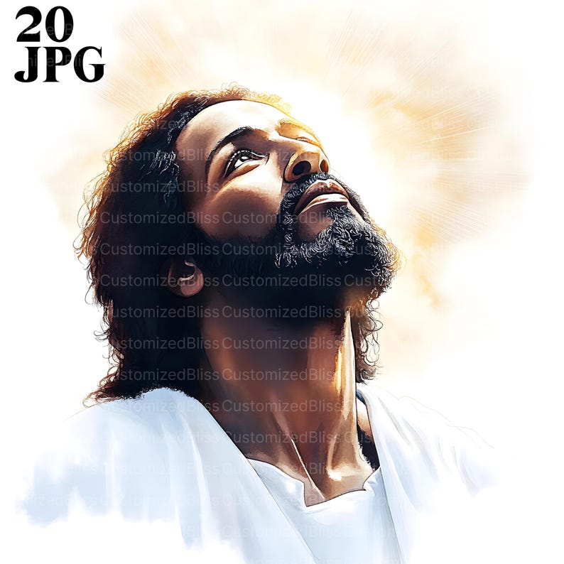 May include: A digital art print of a man looking upwards with a serene expression. He has dark hair and a full beard, wearing a white robe. The background features a bright, golden light emanating from above, creating a halo effect.
