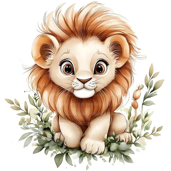 水彩画のライオンのクリップアート17点、幸せな赤ちゃんライオン