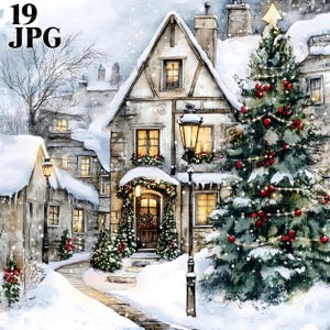 Lot de cliparts vintage de Noël enneigé, 19 fichiers JPG aquarelles de haute qualité, art de Noël, maison enneigée, téléchargement numérique, vintage