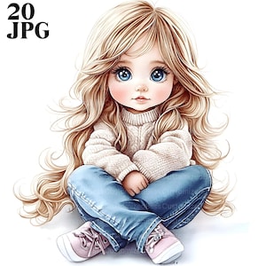 20 Clipart di bambine, Clipart di bambini, JPG di alta qualità, Clipart di acquerelli, Diario di spazzatura, Download digitale, Lavoretti di carta, Stampabili