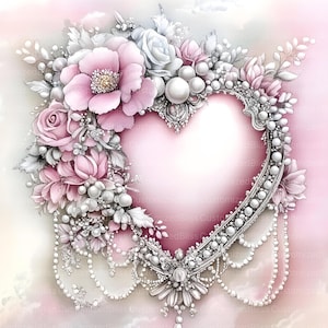 May include: A heart-shaped frame adorned with delicate pearl beads and intricate floral designs. The frame is surrounded by pink and white flowers, creating a romantic and elegant aesthetic.