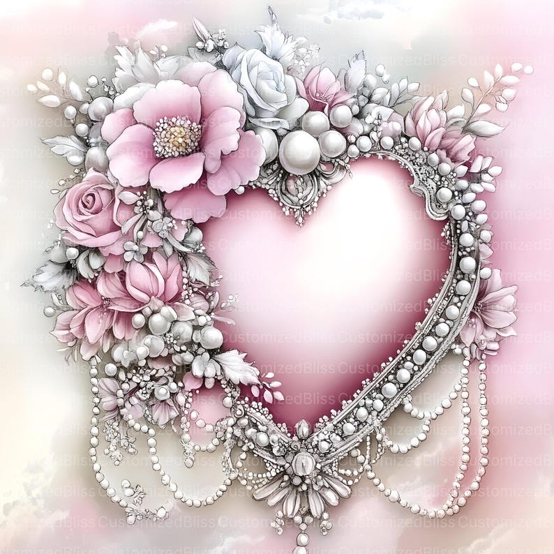 May include: A heart-shaped frame adorned with delicate pearl beads and intricate floral designs. The frame is surrounded by pink and white flowers, creating a romantic and elegant aesthetic.