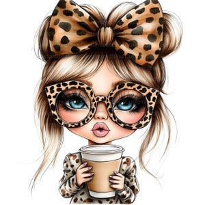 May include: A cartoon illustration of a girl with blonde hair wearing a leopard print headband and glasses, holding a brown paper cup of coffee.