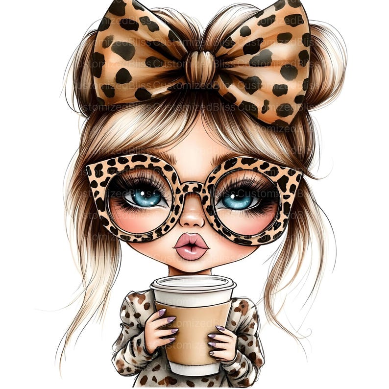 May include: A cartoon illustration of a girl with blonde hair wearing a leopard print headband and glasses, holding a brown paper cup of coffee.