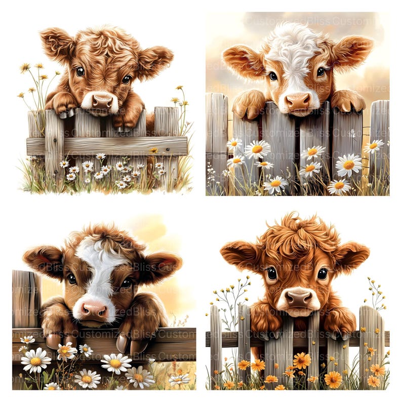 May include: Four digital illustrations of brown and white calves peeking over a wooden fence with white and yellow flowers.