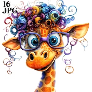Clipart girafe folle, drôle d'animal de safari, 16 fichiers JPG de haute qualité, clipart aquarelle, Junk Journal, téléchargement numérique, créations en papier, clipart
