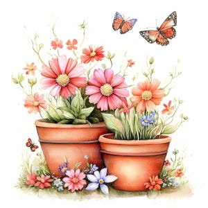 Puede incluir: Ilustraci&oacute;n en acuarela de dos macetas de terracota llenas de vibrantes flores rosas, naranjas y rojas. Mariposas revolotean sobre las macetas, y flores m&aacute;s peque&ntilde;as rodean la base, creando una alegre escena de jard&iacute;n.