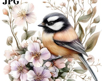20 imágenes prediseñadas de carbonero, imágenes prediseñadas de pájaro lindo, guardería de pájaros lindos, JPG de alta calidad, imágenes prediseñadas de acuarela, diario basura, manualidades de papel de descarga digital