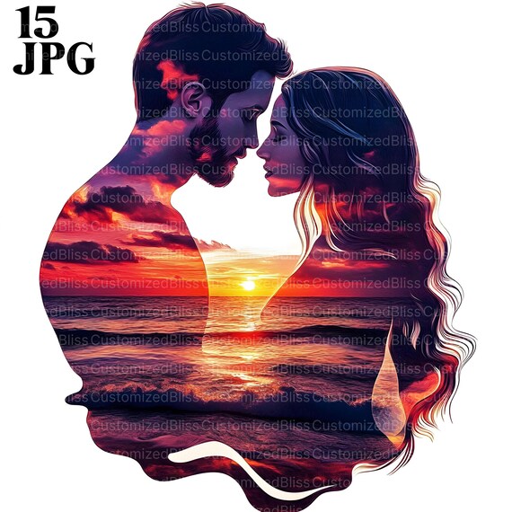 15 Romantic Sunset Clipart, Enchanting Couple Clipart Bundle, Romantic Clipart, Beach Sunset Art, High Quality JPGs Printable Commercial Use