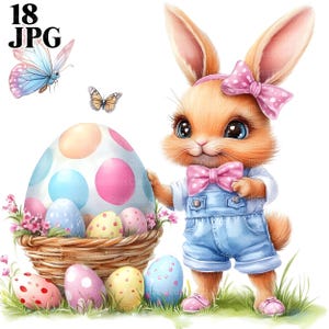 18 imágenes prediseñadas de conejito de Pascua, imágenes prediseñadas de huevos de Pascua, imágenes prediseñadas de Pascua, archivos JPG de alta calidad, imágenes prediseñadas de acuarela, diario basura, descarga digital, manualidades