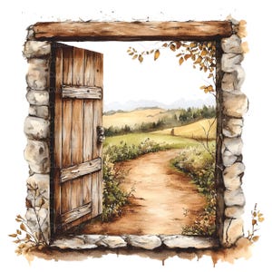 May include: A watercolour painting of a wooden door opening to reveal a path leading through a field with rolling hills in the distance.
