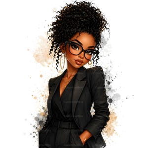May include: Illustration of a Black woman with curly hair in a high bun, wearing a black blazer, glasses, and gold hoop earrings. The image has a watercolor effect with neutral-toned paint splatters.