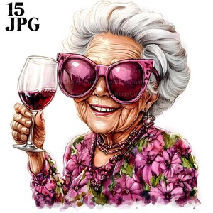Mujer mayor bebiendo vino tinto, abuela, 15 imágenes en formato JPG de alta calidad, acuarela, diario basura, manualidades de papel con descarga digital.