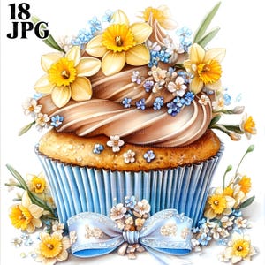 18 Frühlingsblumen Cupcake, Aquarell Cupcakes, hochwertige JPGs, Aquarell Clipart, Junk Journal, digitaler Download, Papiermodelle