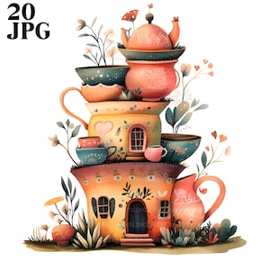 Clipart di case stravaganti, Clipart di tazze da tè, 13 JPG di alta qualità, Download digitale, Artigianato di carta, Diario di spazzatura, Uso commerciale, Clipart di acquerelli