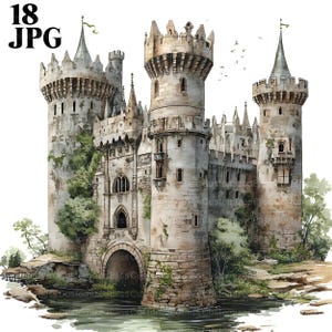 May include: A watercolour painting of a stone castle with towers and a drawbridge. The castle is surrounded by water and greenery.