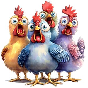 May include: A whimsical illustration of four cartoon chickens with wide eyes and open beaks, as if they are squawking. The chickens are in shades of yellow, blue, green, and purple, with red combs and yellow feet. The image has a white background.