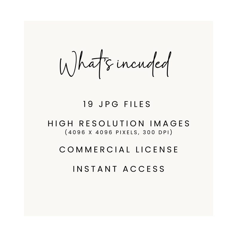 May include: Text that reads "What's included" followed by "19 JPG FILES", "HIGH RESOLUTION IMAGES (4096 X 4096 PIXELS, 300 DPI)", "COMMERCIAL LICENSE", and "INSTANT ACCESS".