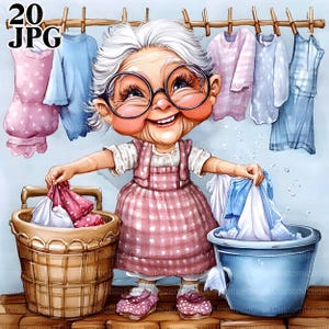 20 Funny Grandma Senior Woman Clipart, Old Lady Washing, High Quality JPGs, Watercolor Clipart, Junk Journal, Digital Download, Paper Craft