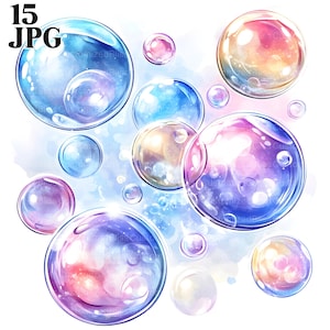 15 clipart de bolhas, pacote de clipart de bolhas caprichosas, bolhas de arco-íris, bolhas iridescentes, JPGs de alta qualidade, artesanato em papel, uso comercial