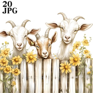 Zestaw uroczych kóz na płocie farmy Clipart, 20 wysokiej jakości JPG, Clipart kozy, Sztuka rękodzielnicza, Tworzenie kartek, Cyfrowe rzemiosło papiernicze, Scrapbooking
