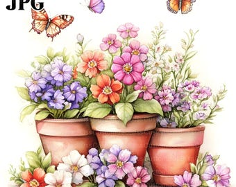 20 Colorful Whimsical Flower Clipart, Row of Flowers Clipart, Flower Pot Clipart, Junk Journal, Digital Download, Paper Craft, Printable JPG