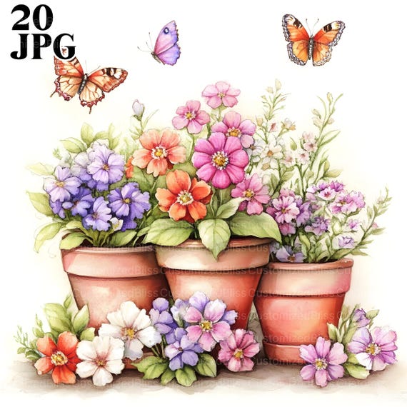 20 Colorful Whimsical Flower Clipart, Row of Flowers Clipart, Flower Pot Clipart, Junk Journal, Digital Download, Paper Craft, Printable JPG