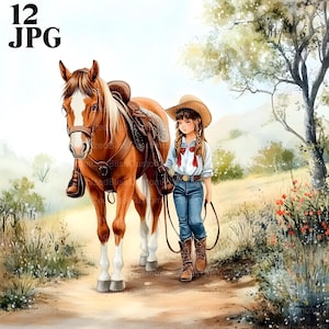 Niña con caballo, clip art, rancho, 12 archivos JPG de acuarela de alta resolución, diario basura, álbum de recortes, fabricación de tarjetas artesanales, descarga digital