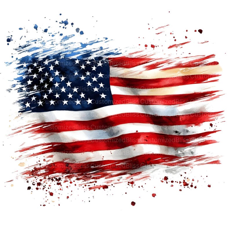 Op de afbeelding: Een aquarel schilderij van een Amerikaanse vlag met een verweerd, penseelstreek effect. De vlag is rood, wit en blauw met een witte achtergrond. De vlag is licht vervaagd en heeft een paar verfspatten.